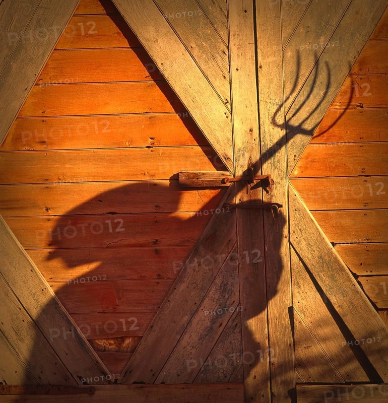 Farmer with a pitchfork against a barn door in Vermont, USA