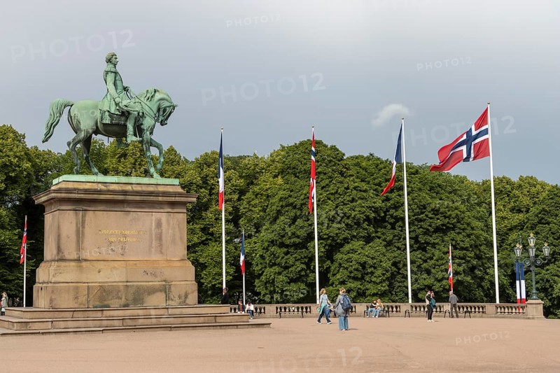 Charles XIV John – the King of Sweden, Charles III John – the King of Norway, Karl Johan born Jean Bernadotte in France, sculpted by Brynjulf Bergslien. This cast in bronze monument stands in Slottsplassen, the Royal Palace square in Oslo, Østlandet, Norway