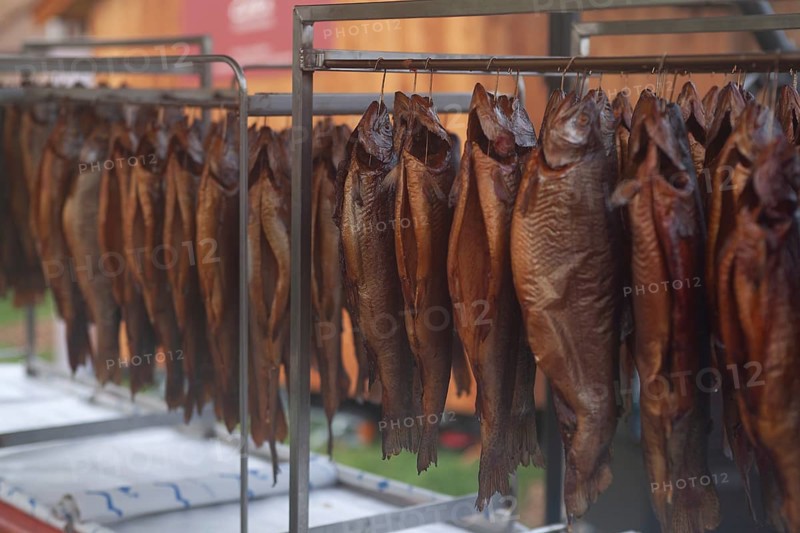 Row of freshly smoked fish, Bavaria, Germany