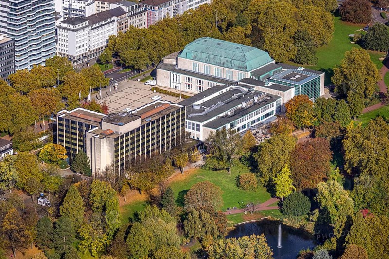 Aerial view, Philharmonie Essen am Stadtgarten with autumn trees, Stadtgarten pond with fountain, Südviertel, Essen, Ruhr area, North Rhine-Westphalia, Germany, DE, Europe, aerial view, aerial photography, aerial photography, overview, birds-eyes view, overview