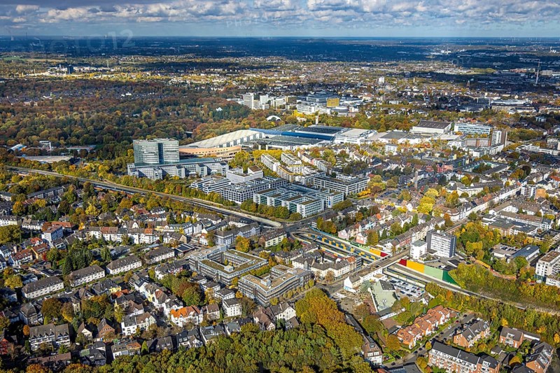 Aerial view, Messe Essen site, overview, eon headquarters, Bredeney, Essen, Ruhr area, North Rhine-Westphalia, Germany, DE, Europe, aerial photo, aerial photography, aerial photography, Messe Essen, exhibition center, overview, birds-eyes view, overview
