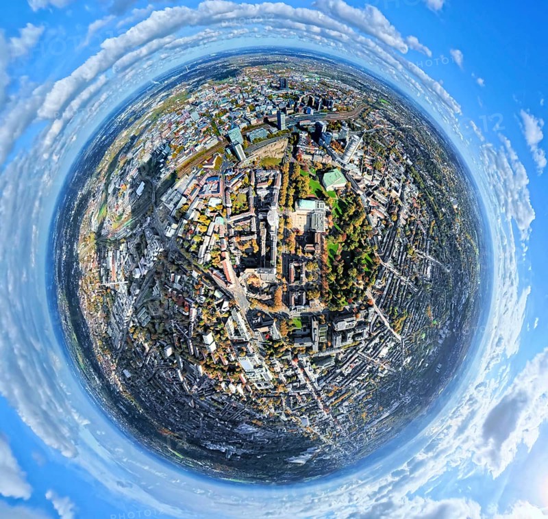 Aerial view, central station station, redesign of Essen campus construction site and planned new building for office campus, Aalto Theatre Essen and Philharmonic Essen with city garden, view of the city, globe, fisheye shot, 360 degree view, tiny world, little planet, fisheye picture, Südviertel, Essen, Ruhr area, North Rhine-Westphalia, Germany, railway station, construction area, building land, building plots, construction project, construction site, city, DE, Deutsche Bahn AG, Europe, events, fisheye lens, track systems, tracks, large construction site, Central Station, Central Station, City Center View, Culture, Art, Little Planet, Aerial View, Aerial Photography, New Building, City Center, City Center, Super Wide Angle Lens, Theatre, Tiny World, Overview, Venue, Birds-Eyes View, Fisheye Lens, Insta360 Camera, Cultural Use, Overview