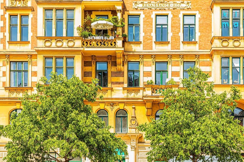 Historic façade of a building on the left Wienzeile, near the Naschmarkt, Vienna, Austria