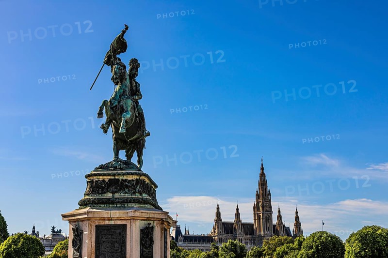 Monument of Archduke Karl, behind it the Town Hall with its neo-Gothic façade, Heldenplatz, Vienna, Austria