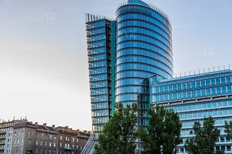 Modern high-rise building on the Danube Canal, near Schwedenplatz, Vienna, Austria