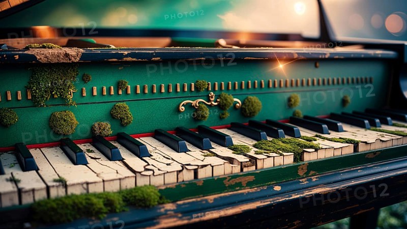 The weathered piano, adorned with green moss warm sunset backdrop. AI generated