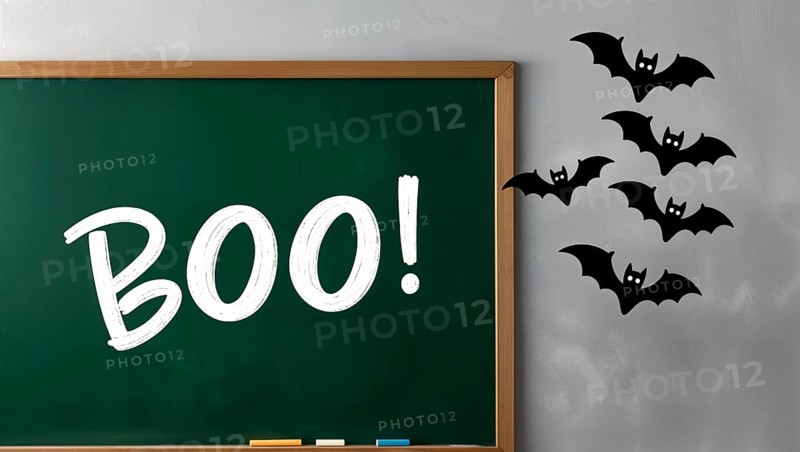 A chalkboard in a classroom shows the word Boo! written in white. Black bats flying against the gray wall nearby, creating a festive Halloween atmosphere in education industry. AI generated