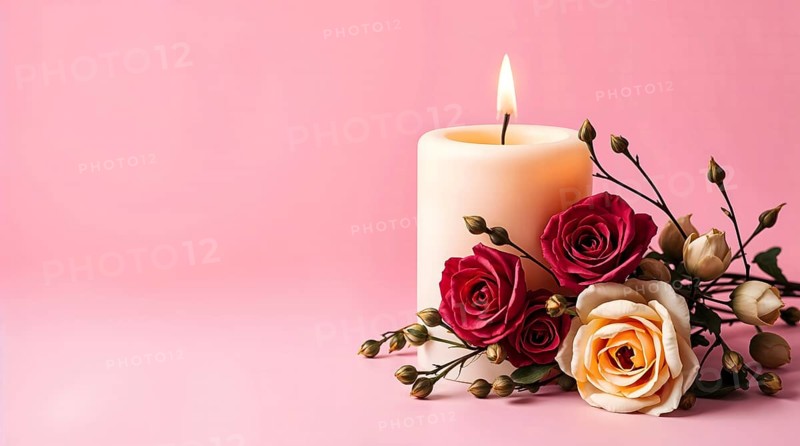 A lit white candle stands next to dried roses on a soft pink background, creating a calm and inviting atmosphere. The arrangement offers a serene touch to any space. AI generated