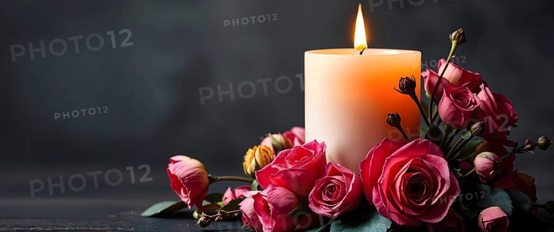 A lit candle surrounded by pink roses against a dark background, creating a romantic and serene atmosphere. AI generated