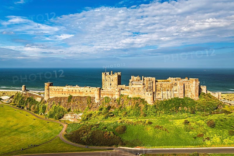 Bamburgh Castle from a drone, Northumberland, Northeast Coast, England, United Kingdom