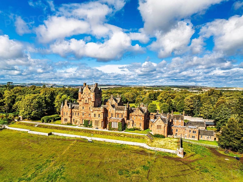 Ayton Castle from a drone, Ayton, Eyemouth, Scottish Borders, Scotland, UK