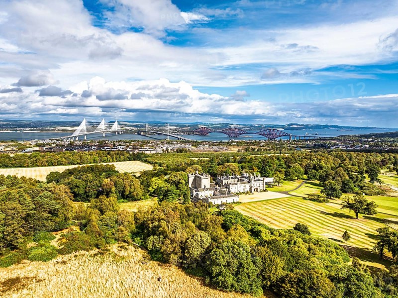 Dundas Castle over South Queensferry from a drone, Edinburgh, Scotland, UK