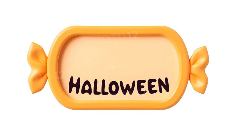 Bright orange candy shaped frame or card with the text Halloween on white background, showcasing its smooth texture and round edges. AI generated