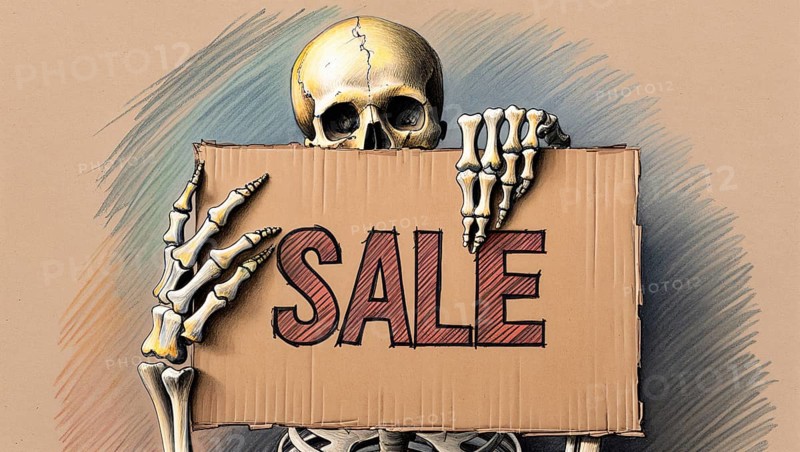 A skeleton humorously holds a cardboard sale sign against a beige background, hand-drawn sketch style. AI generated