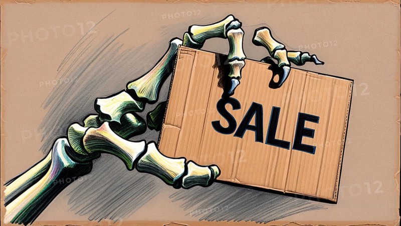 Illustration of a skeleton hand holding a cardboard sign with the word 'SALE' in bold black letters, sketch style, Halloween seasonal sale concept. AI generated
