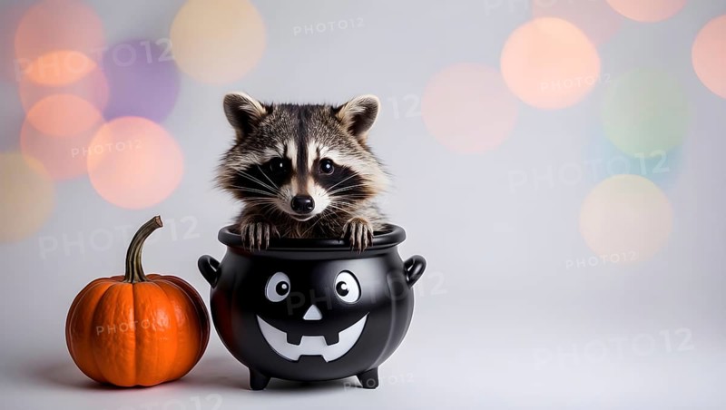 A cute raccoon cub peeks out of a black cauldron decorated with a spooky face, next to a bright orange pumpkin, set against a colorful, blurred background with copy space, perfect for Halloween. AI generated