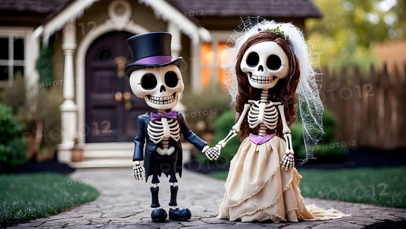 Cute skeleton bride and groom standing hand in hand on the walkway in front of a cozy suburban house decorated for Halloween. Whimsical scene perfect for real estate promotions, seasonal marketing, or spooky wedding concepts. AI generated