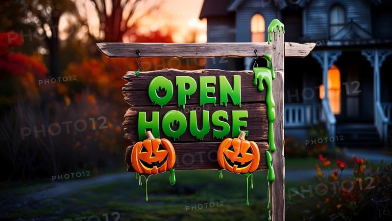 Colorful open house sign with green letters hangs above two jack-o'-lanterns in a vibrant fall setting. A spooky house and garden with colorful autumn trees in the background during sunset. AI generated