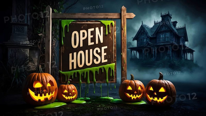 A haunted house is set up outside an old mansion with an open house sign. Brightly carved pumpkins shine in the darkness, inviting visitors to explore the spooky atmosphere, a real estate Halloween concept. AI generated
