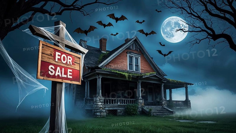 A haunting house and a sign for sale in a misty landscape, illuminated by a full moon. Bats fly overhead, and cobwebs adorn the porch, adding to its eerie charm. AI generated