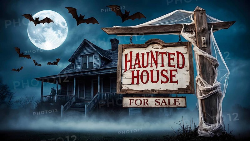 An eerie scene shows a haunted house for sale illuminated by the light of a full moon. Bats fly in the dark sky as fog surrounds the unsettling property, enhancing its spooky charm. AI generated