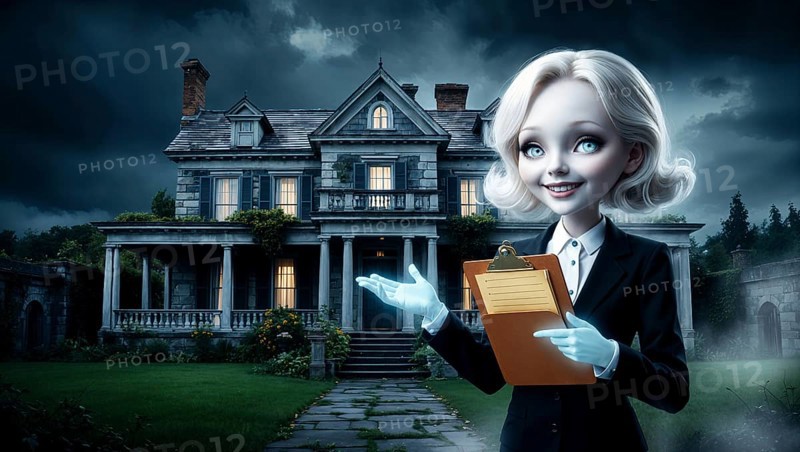 Under a dark sky, a ghostly woman realtor stands in front of a grand haunted mansion on Halloween night, holding a worn clipboard. She gestures invitingly, blending the eerie and enchanting. AI generated