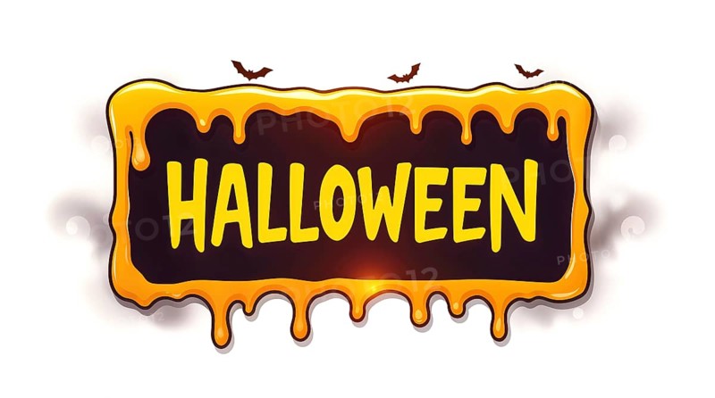 A colorful Halloween sign showcases the word Halloween in bright yellow letters on a dark background. It has a dripping orange paint effect and small bats flying above, creating a festive atmosphere. AI generated