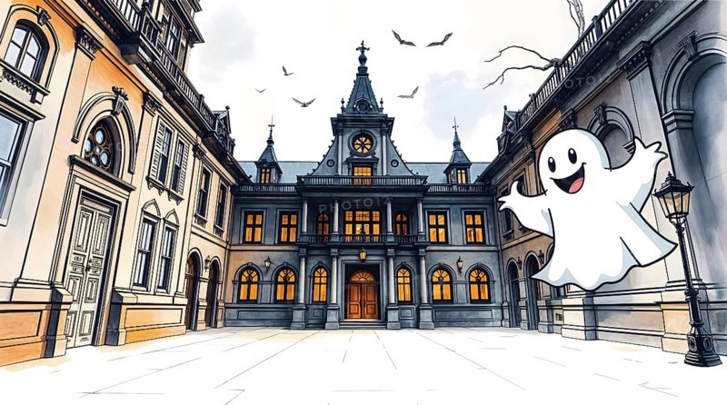 A captivating watercolor scene showcases intricate architecture with a cheerful cartoon ghost playfully floating in the corner. The Halloween atmosphere is enhanced by birds and warm glowing windows. AI generated