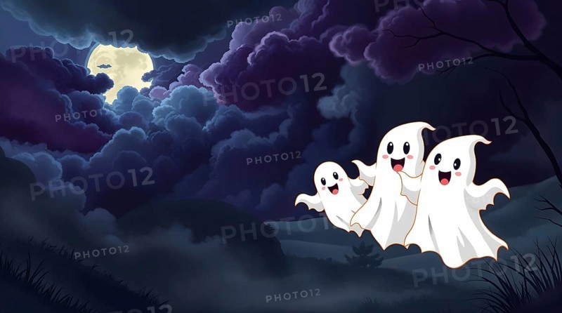 Three cheerful cartoon ghosts joyfully float through a dark and stormy sky on Halloween night. Whimsical clouds add to the spooky atmosphere, offering an inviting feeling for trick-or-treaters. AI generated