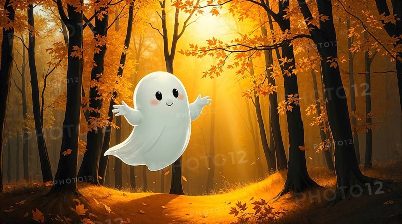 A cute white ghost joyfully floats in a serene autumn forest. Golden leaves are falling all around, illuminated by warm morning sunlight filtering through the trees. AI generated