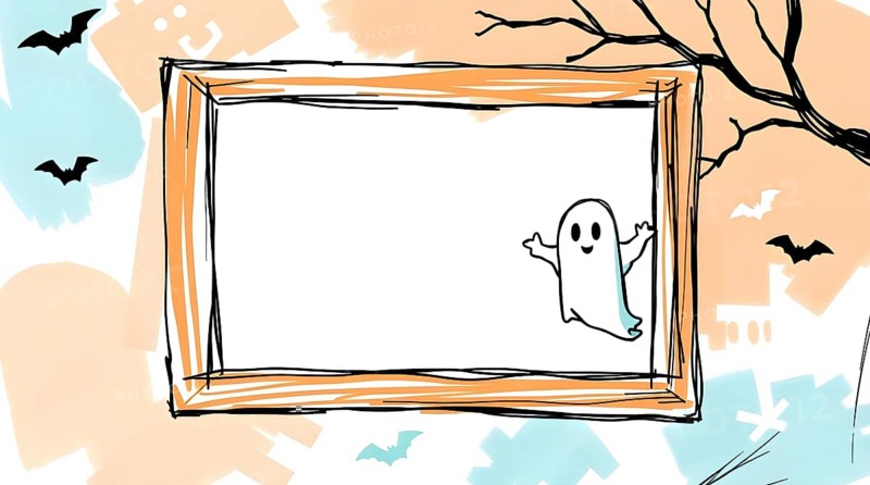 Doodle of a cartoon ghost in frame with white clean background, surrounded by bats, tree, terracotta and teal colors, hand-drawn sketch style. AI generated