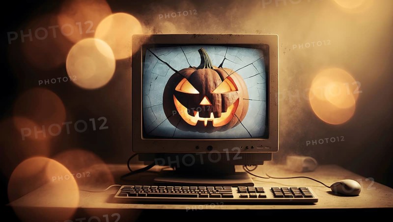 A vintage computer shows a cracked screen with a glowing jack-o-lantern face, creating a spooky atmosphere for Halloween. The room is dimly lit, adding to the eerie vibe. AI generated