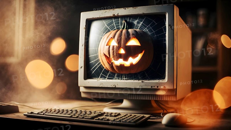A carved pumpkin with a smiling face on a vintage computer screen. Soft lights and cobwebs create a spooky atmosphere. Perfect for Halloween-themed decoration and mood. AI generated