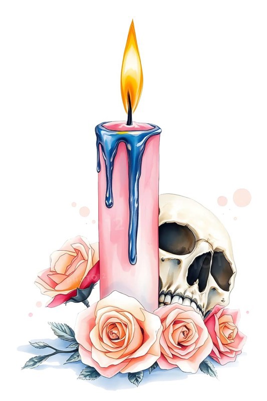 A pink candle burns brightly with blue wax dripping down its side. A human skull rests nearby, surrounded by soft pink roses. This still life combines beauty and contrast. AI generated