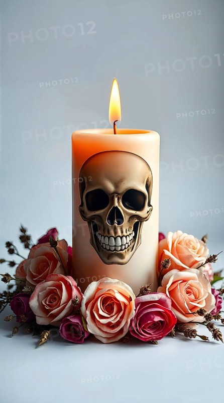 A striking gothic candle featuring a detailed skull design glows warmly at the center, encircled by an arrangement of soft, dried roses in pastel colors, creating a captivating atmosphere. AI generated