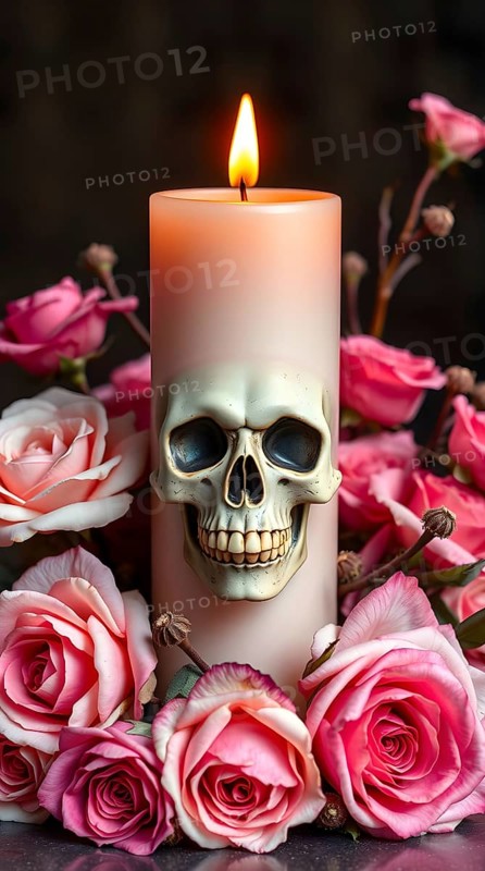 A lit gothic candle features a detailed skull design, surrounded by soft pink roses. The warm flame contrasts with the dark background, creating an intriguing atmosphere. AI generated