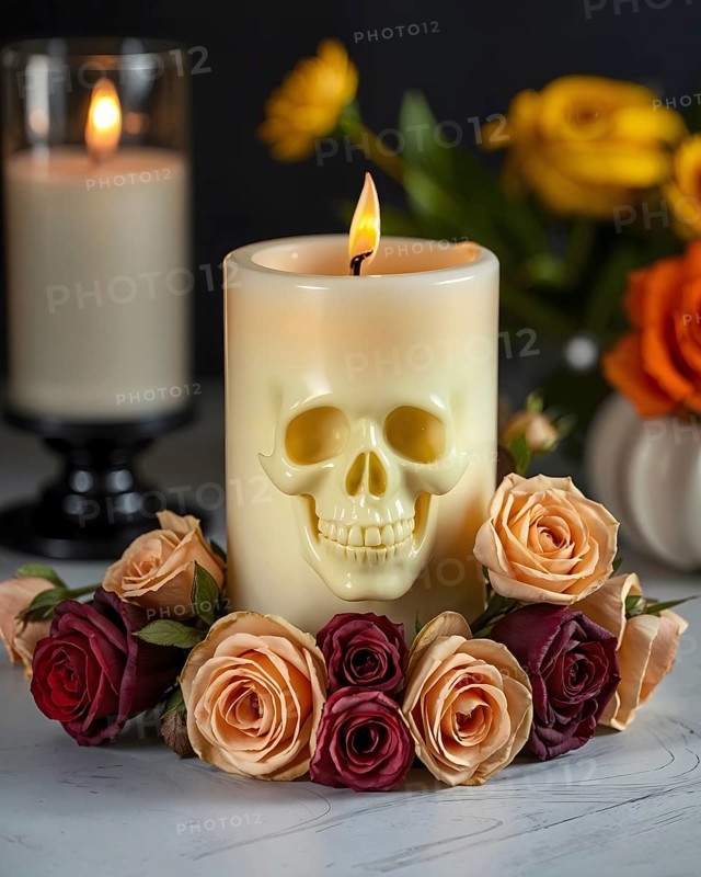 A carved skull candle surrounded by dried roses is placed on a white table. In the background, a bouquet of yellow roses adds warmth to the dark surroundings, creating a mysterious atmosphere. AI generated