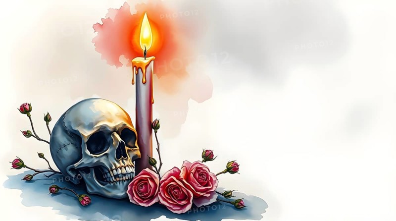 A candle burns softly next to a skull, surrounded by delicate roses, watercolor painting style. The warm glow of the candlelight casts an eerie yet poetic atmosphere, perfect for contemplation. AI generated