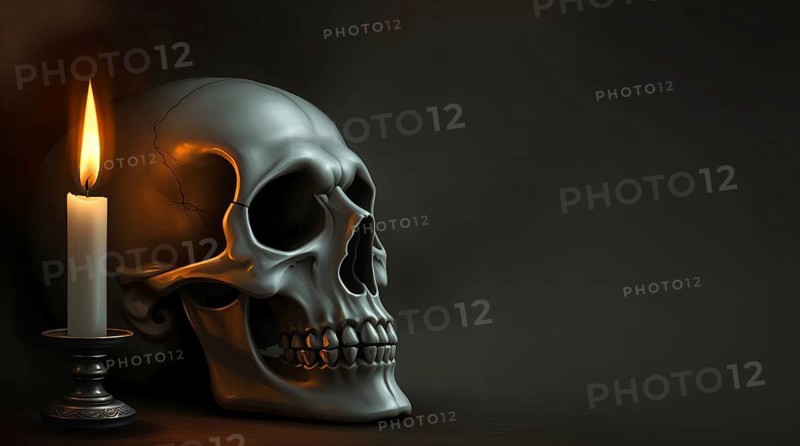 A skull is lit by a single candle, creating an eerie and mysterious atmosphere. AI generated