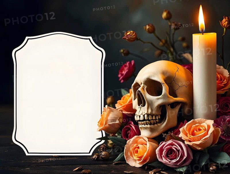 Halloween card with blank white frame is placed near a softly burning candle and an old skull, surrounded by dried roses. AI generated