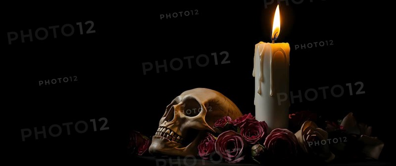 A gothic candle melts wax onto an old skull, with dried roses decorating the scene. The intense black background adds mystery and depth, creating a haunting atmosphere. AI generated