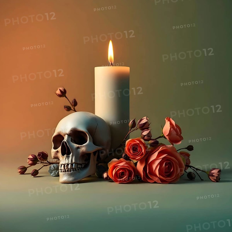 A white skull sits next to a lit candle and fresh roses, arranged elegantly on a softly lit surface. The warm glow creates a peaceful yet intriguing atmosphere. AI generated