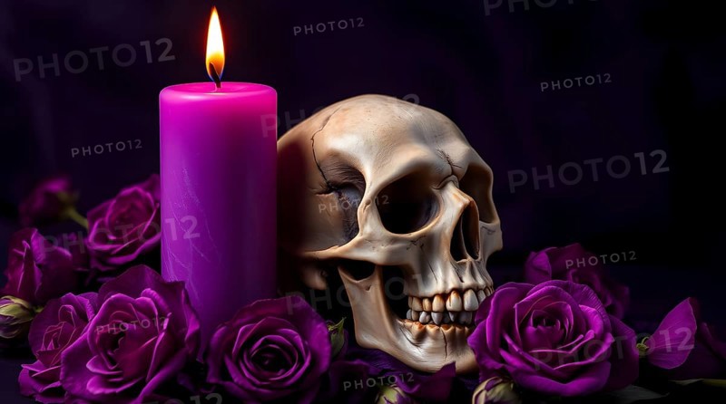 A human skull sits next to a glowing purple candle, surrounded by vibrant purple roses on a dark background. This scene creates a mysterious and intriguing atmosphere. AI generated