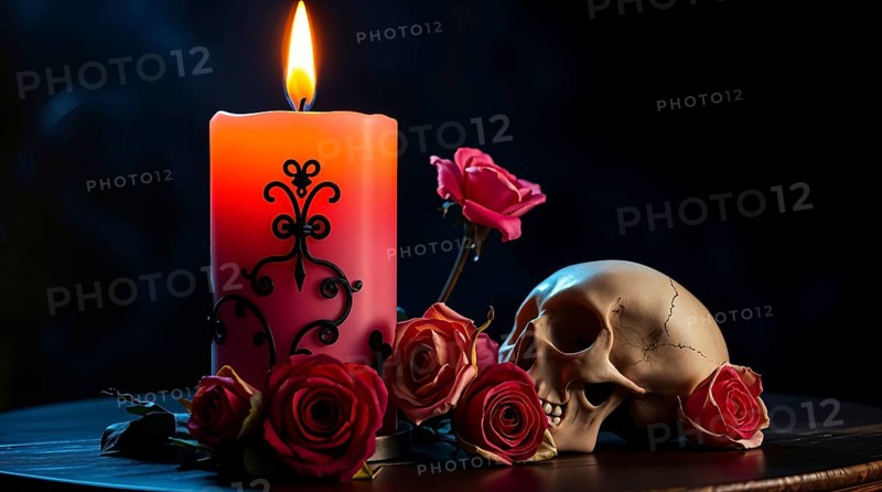 A colorful candle, adorned with patterns, sits beside vibrant roses and a realistic skull on a dark table, creating an eerie yet beautiful ambiance, perfect for Halloween or Day of the Dead themed events. AI generated