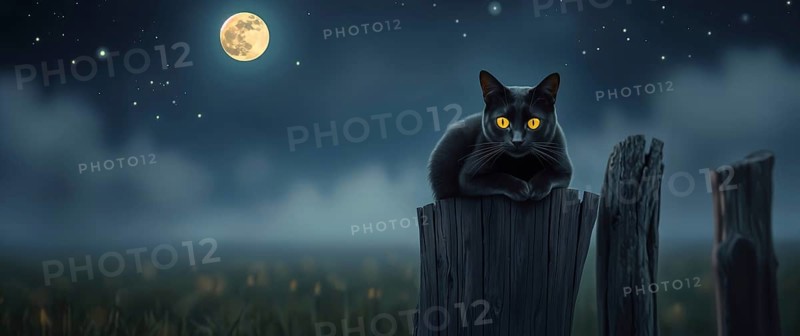 A black cat with bright yellow eyes perches on an old wooden post. The full moon lights up the night sky, creating an eerie yet beautiful scene in a quiet field on Halloween night. AI generated