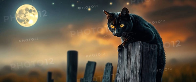 A black cat with striking yellow eyes sits gracefully on a weathered wooden post. The bright full moon illuminates the calm night sky, creating a mystical Halloween atmosphere. AI generated