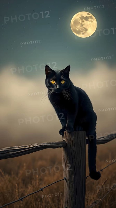 A sleek black cat sits on a wooden fence post, its bright yellow eyes shining in the moonlight. The background shows a foggy field under a large, glowing moon, creating a mystical atmosphere. AI generated