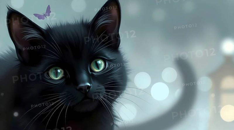 Cute black cat with bright green eyes and a small purple butterfly on its head in a soft, dreamy bokeh background. AI generated