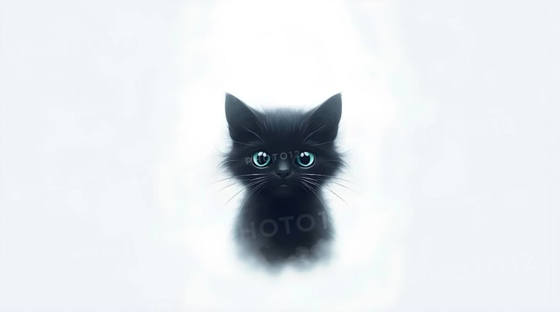 A cute black cat with large eyes set A small black kitten with large blue eyes sits in a soft mist against a soft white background. The focus is on its curious expression, creating a magical and whimsical atmosphere. AI generated
