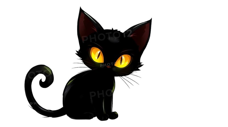 A small curious cartoonish black cat with striking yellow eyes sits calmly, gazing to the side, on clean white background. AI generated
